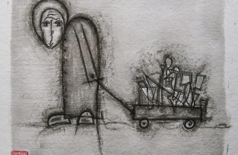 czarnobiała grafika Piotra Dąbrowskiego - człowiek ciągnie niewielki wózeczek, na którym jest miniaturowe dwie osoby i jakieś sprzęty
