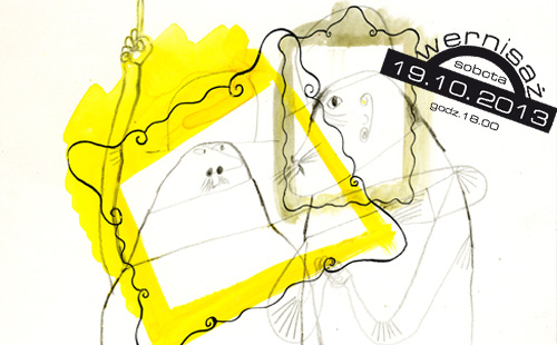 rysunek Franciszki Themerson - dwie postaci na siebie patrzą, ich głowy są w ozdobnych ramkach - żółtej i bladozielonej