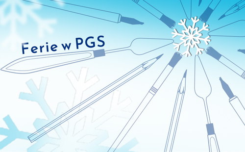 Plakat reklamujący zajęcia. Jest to śnieżynka zrobiona z pędzelków, ołówków i szpachelek w jasnoniebieskich odcieniach i niebieski napis Ferie w PGS