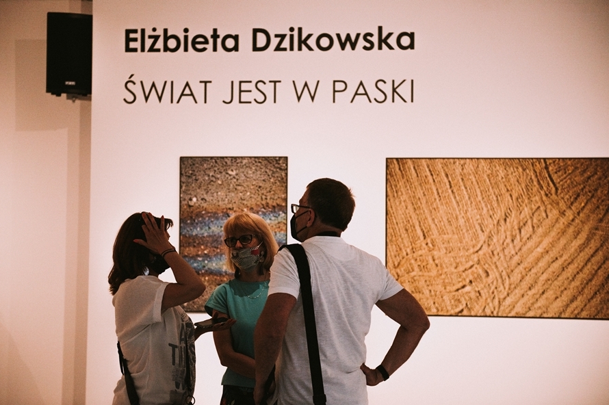 wnętrze galerii, trzy odoby dyskutują na tle fotografii, nad nimi na ścianie tekst: Elżebieta Dzikowska Świat jest w paski