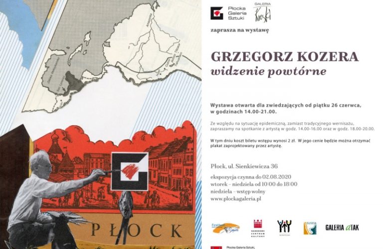 plakat reklamowy z informacją o wystawie z prawej strony, czyli Grzegorz Kozera widzenie powtórne, a po lewej na krześle siedzi mężczyzna (Józej czapski) i maluje