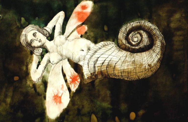 Obraz Jana Lebensteina - kobieta-motyl zamiast nóg ma muszlę ślimaka