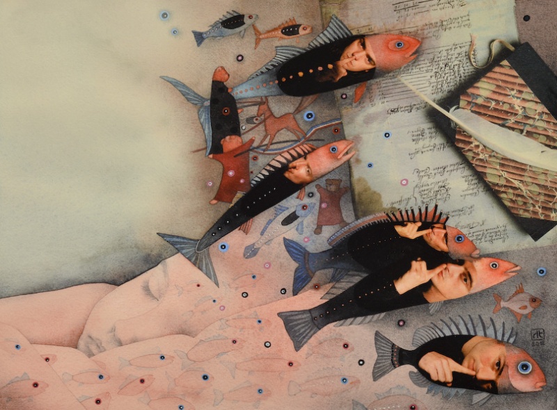 Regina Lukk-Toompere - Sen to dziecko śpiące w pastelowe pościeli w rybki, nad którym przepływają ryby z głową mężczyzny z palcem wskazującym przy ustach