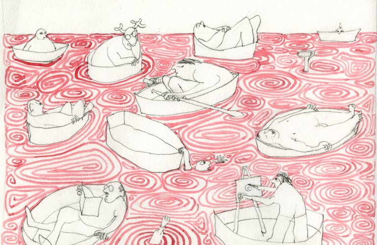 rysunek Franciszki Themerson - na zrobionej z czerwonych spirali wodzie unosi się kilka łódeczek z pojedynczymi postaciami, któs czyta książkę, ktoś maluje albo śpi, z jednej łódki ktoś wypadł i próbuje z powrotem się do niej dostać