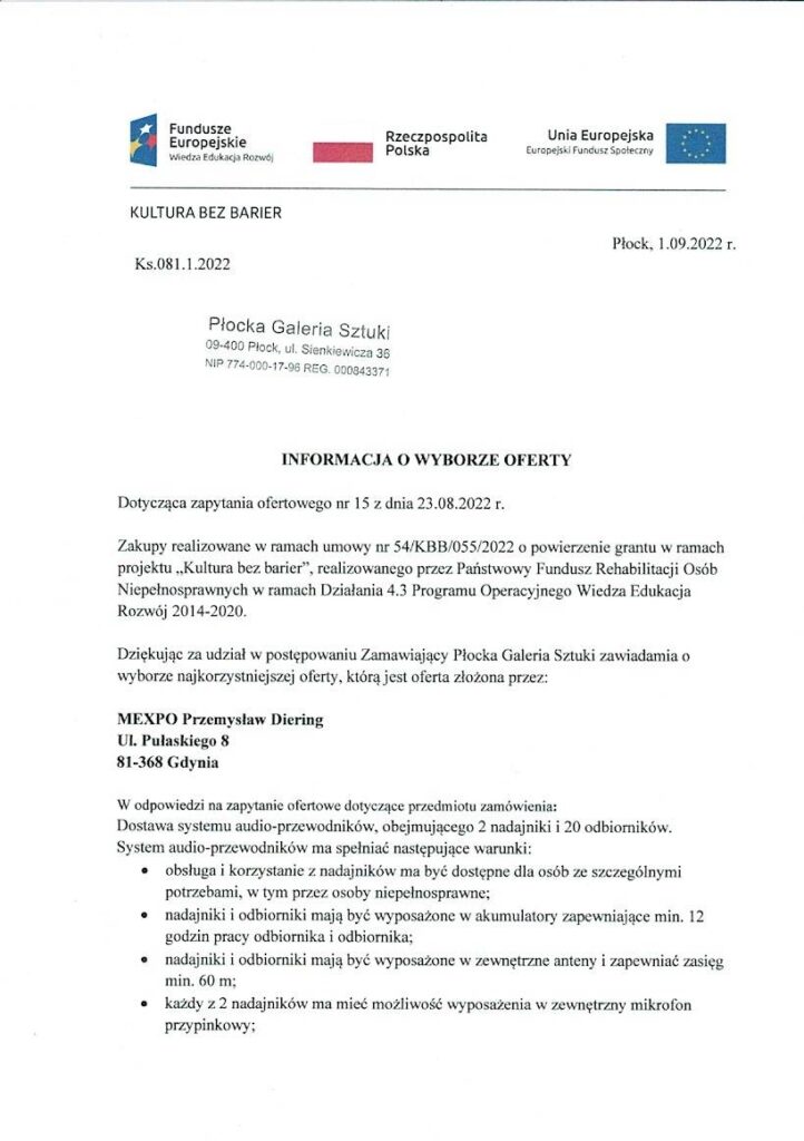 Tekst alternatywny: Zapytanie ofertowe nr 15 - informacja o wyborze wykonawcy, którym zostało MEXPO Przemysław Diering z Gdyni
