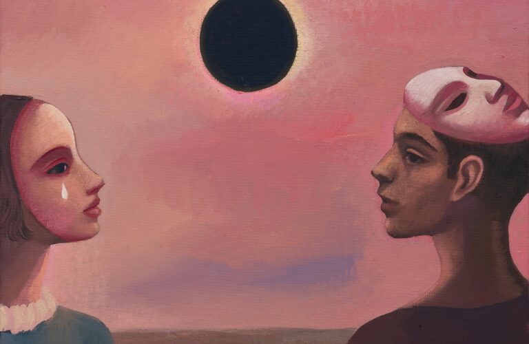 Obraz olejny Katarzyny Karpowicz Lea i Jakow to popiersia kobiety i mężczyzny, którzy patrzą na siebie. Między nimi widoczne prawie całkowite zaćmienie słońca