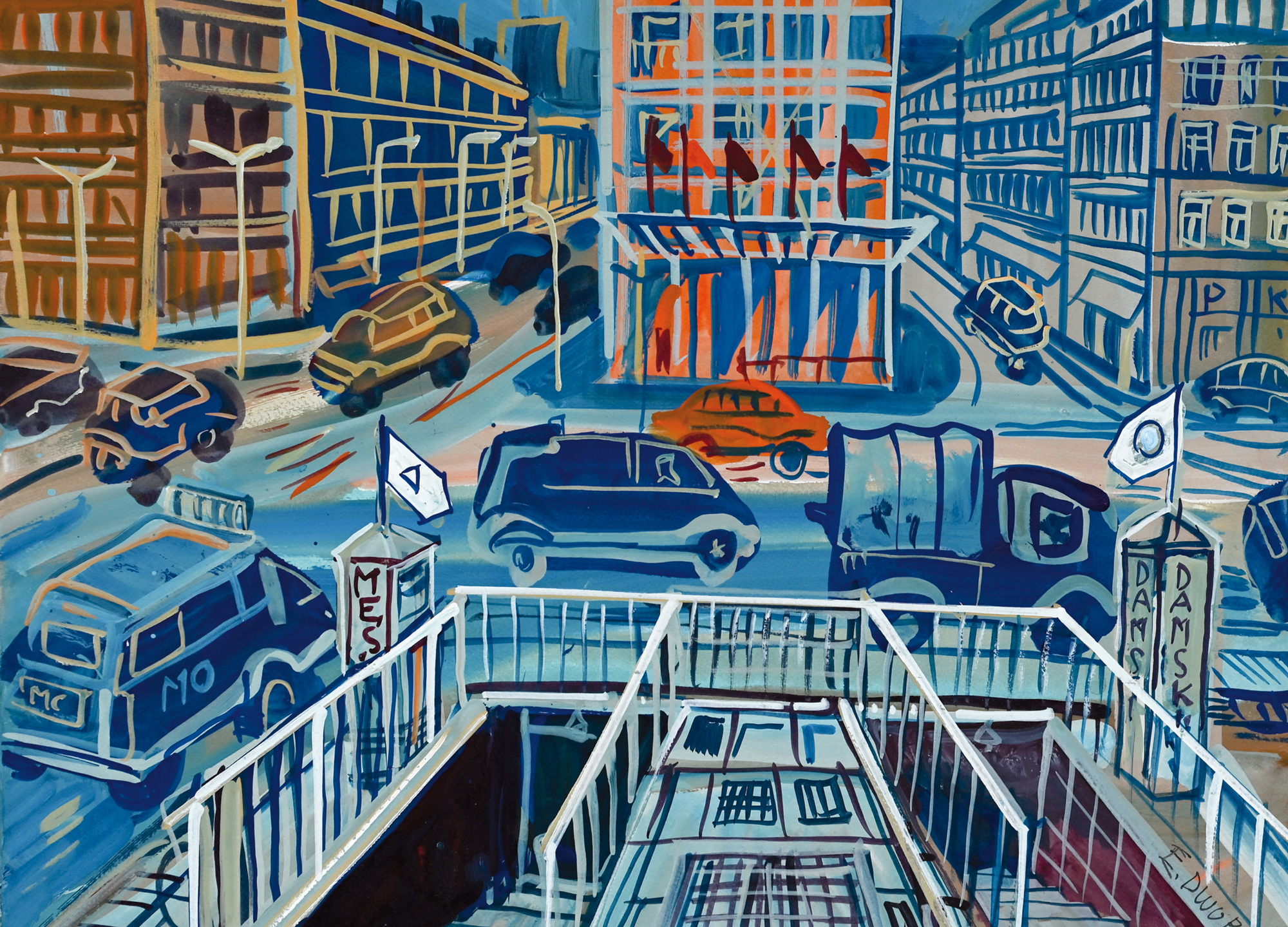 akwarela Edwarda Dwurnika - ulica z samochodami, utrzymana w niebieskiej kolorystyce