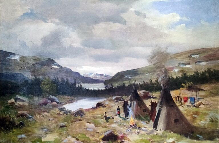 Obraz Curtisa przedstawia obozowisko Saamów z ich jurtami, w tle góry i jezioro